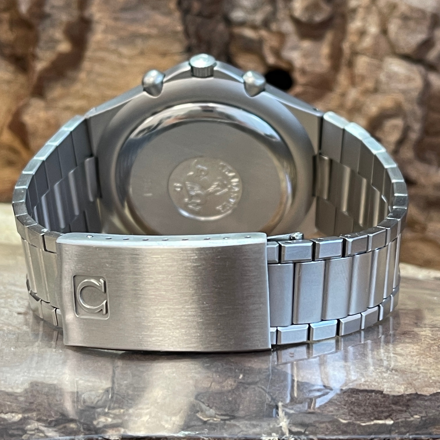 Omega - Speedmaster Teutonic Cal. 861 - Ref. 145.0040/345.0803, Stahl mit schwarzem Zifferblatt, in sehr guter Zustand - Rückseite, Gehäuseboden, Faltschließe