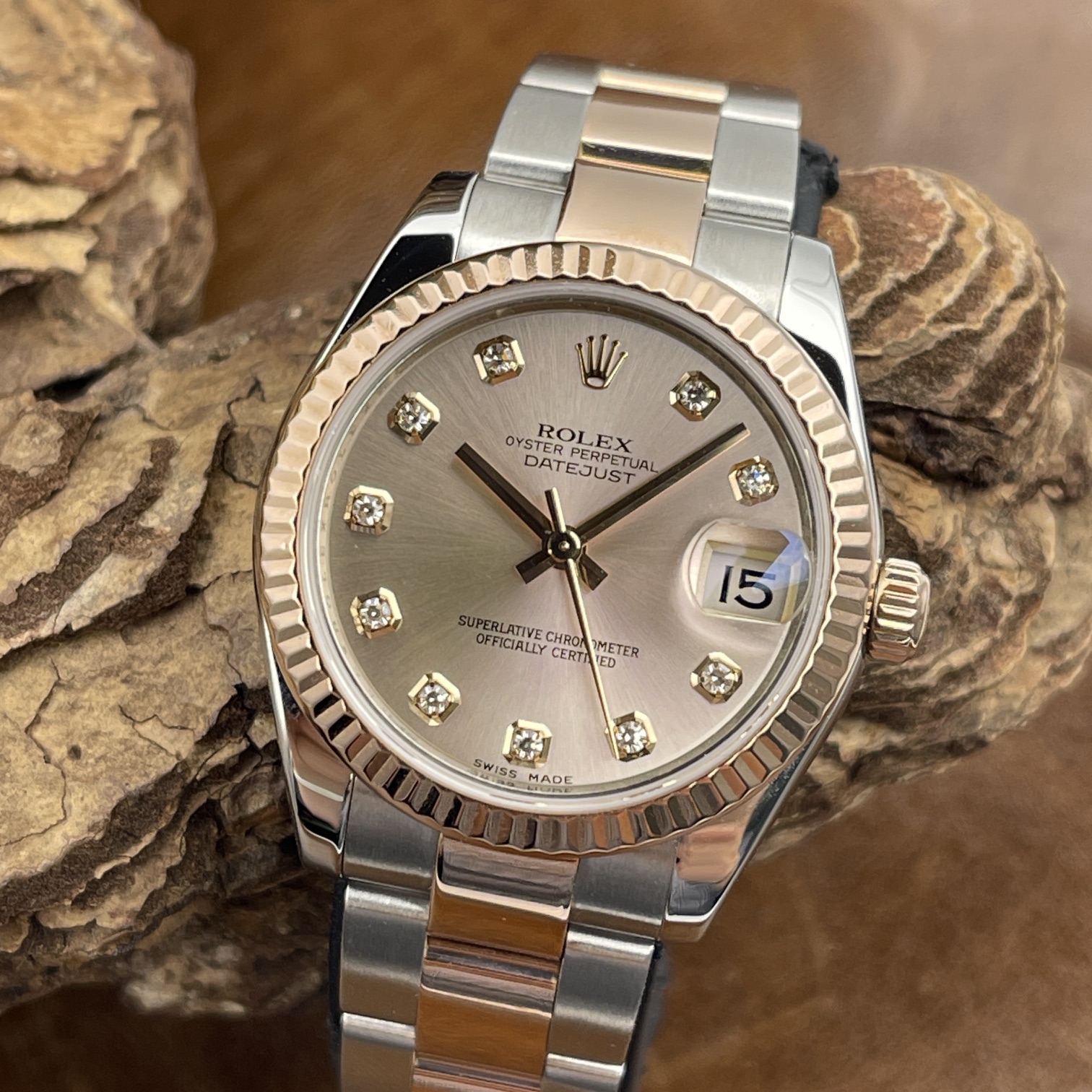 Rolex - Datejust 31 - Factory Dia Dial - Ref. 178271, Stahl-Rosegold, Rosezifferblatt mit Diamanten, sehr guter Zustand - Detailansicht der Uhr
